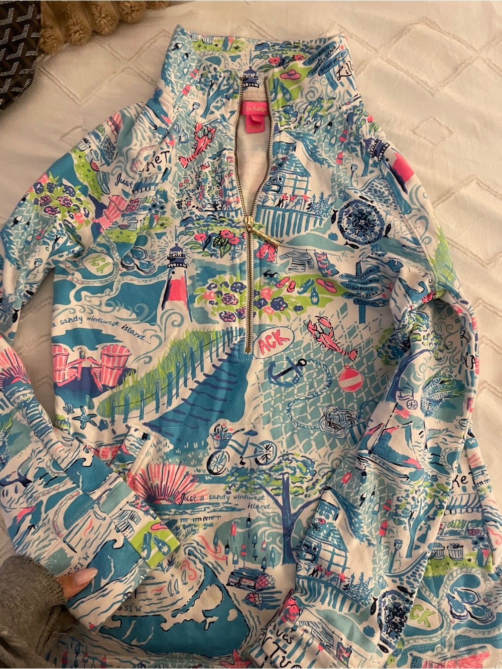 Lilly Pulitzer Nantucket Multi-Color Scenic Print Quarter-Zip Sweater SPF 50